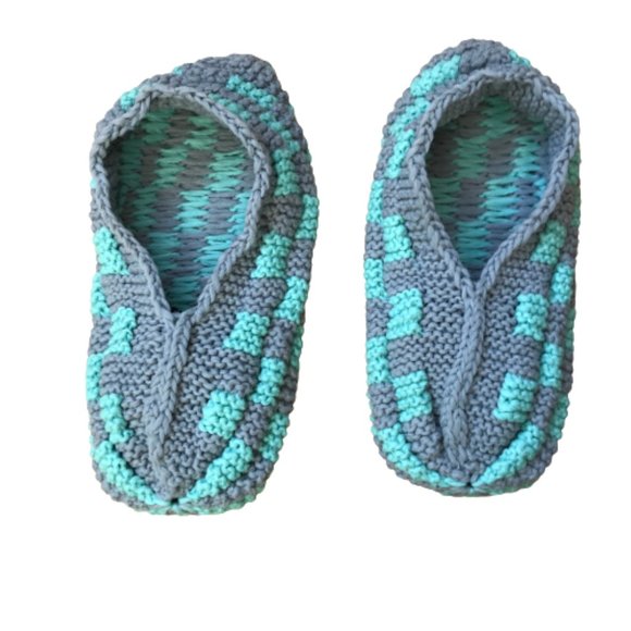 Vintage Turquoise Grey Checker Warm Cozy Slippers - Picture 2 of 6
